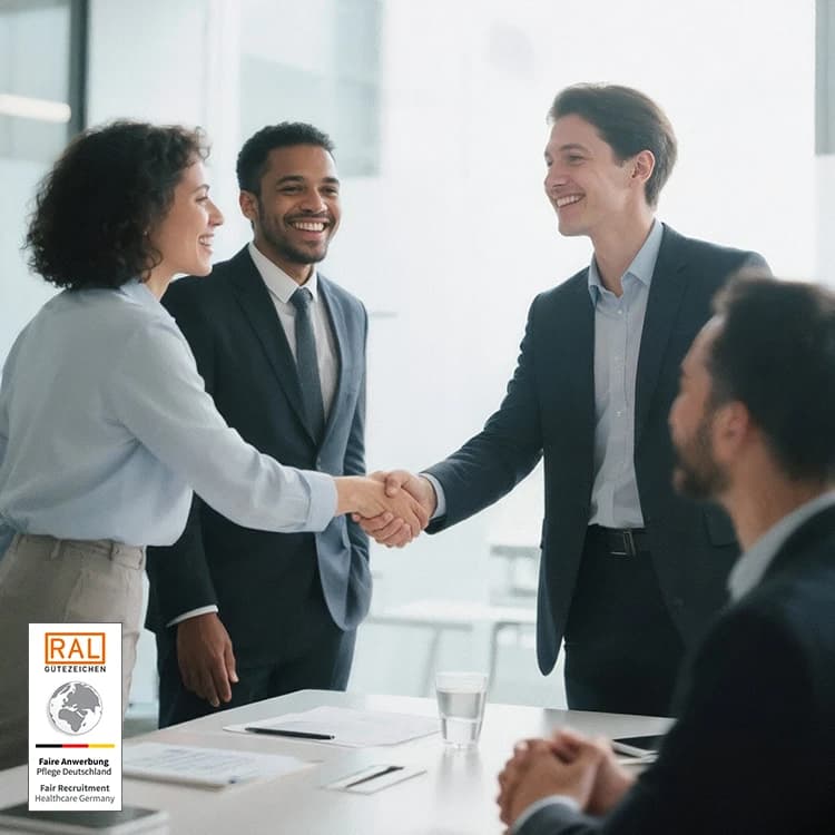 Fachkräfte beim Handshake in einem hellen Büro – Symbol für faire Partnerschaft
